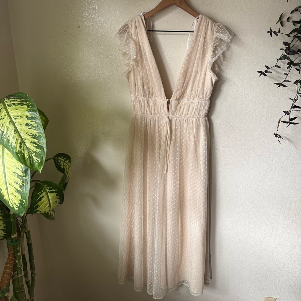 Lulus | Yours Evermore Cream Swiss Dot Ruffled Midi Dress - Picture 2 of 7